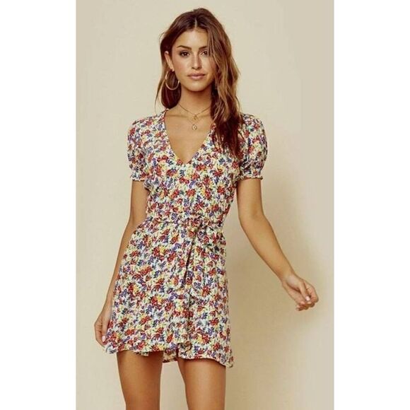 Faithfull The Brand Raphaela Floral Puff Sleeve Mini Dress Size 4 - Picture 1 of 8